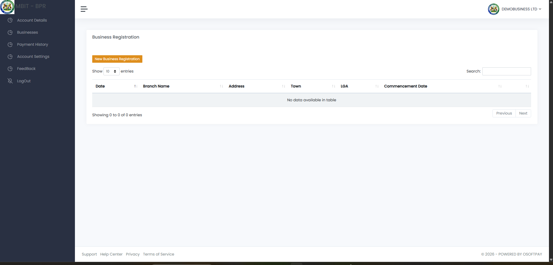 Your business dashboard right after registering. Click New Business Registration to add a premises.