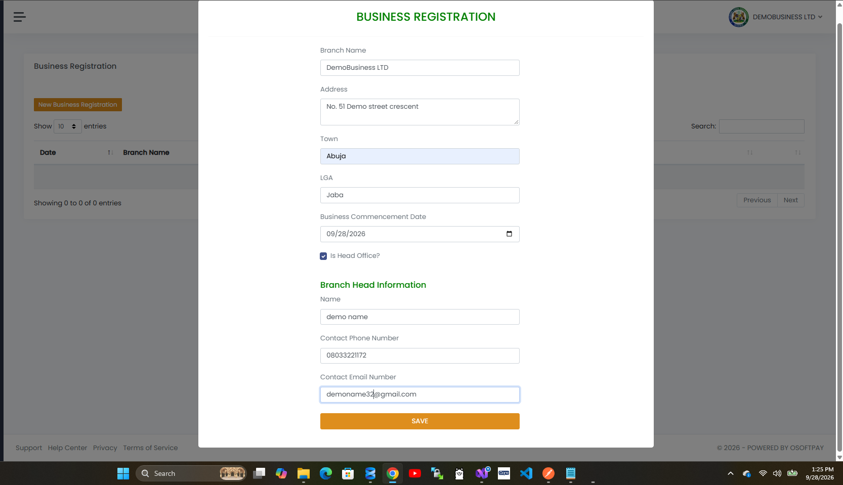 Fill in the branch details — name, address, town, LGA and branch head information — then click Save.