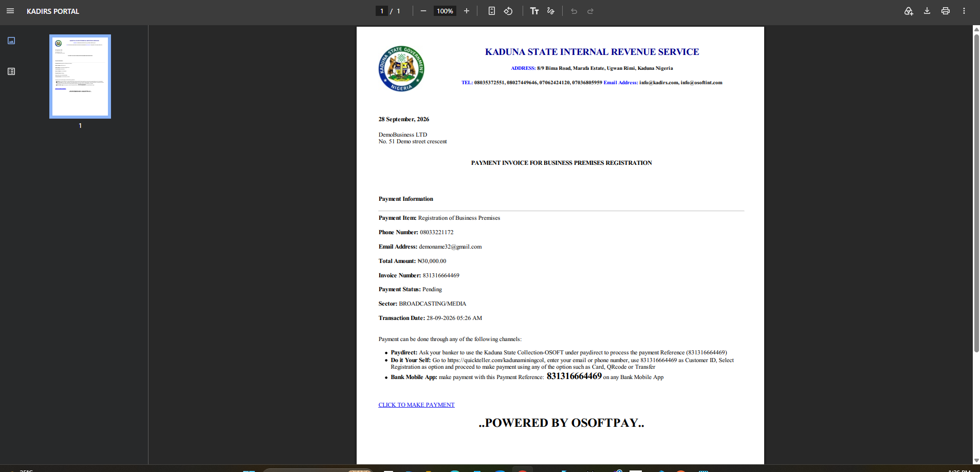Your invoice is generated automatically — note the payment reference and total amount due.